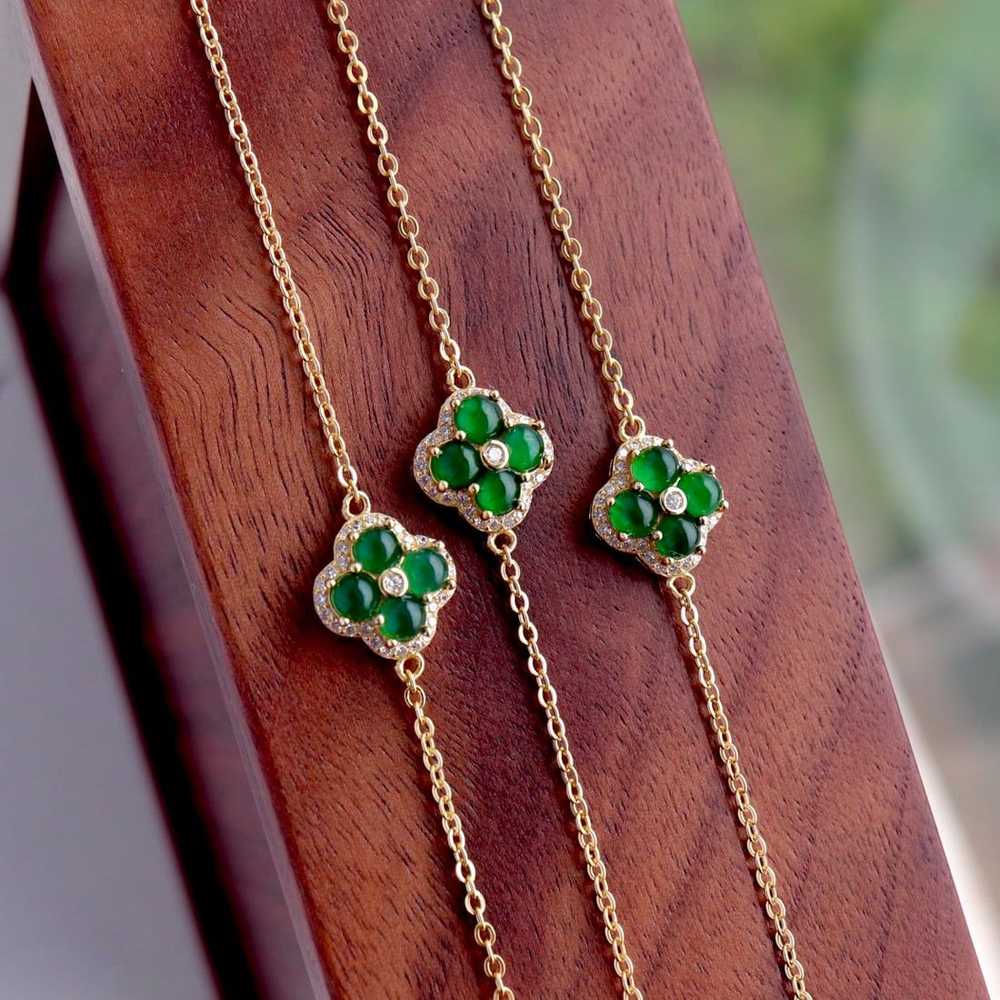 S925 silver inlaid natural jade four-leaf clover … - image 4