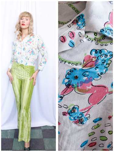 1940s Poodle Novelty Print Rayon Blouse - M/L