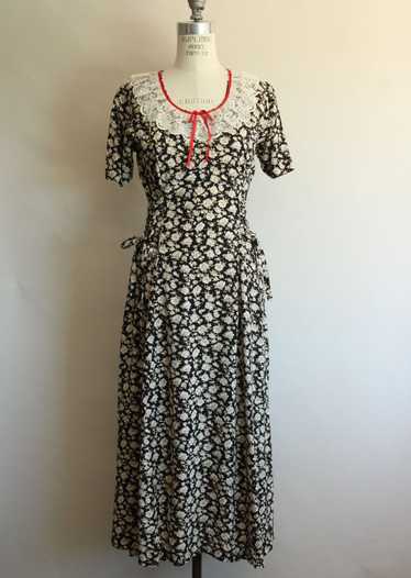 Vintage 1980's 1990s Black Floral Print Dress with