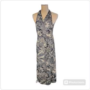 J Peterman Halter Wrap Maxi Dress Navy Batik Flor… - image 1