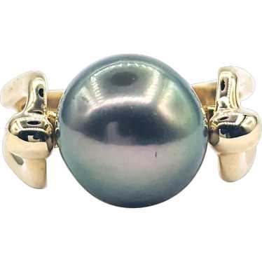 Black Tahitian Pearl Ring In Yellow Gold - image 1