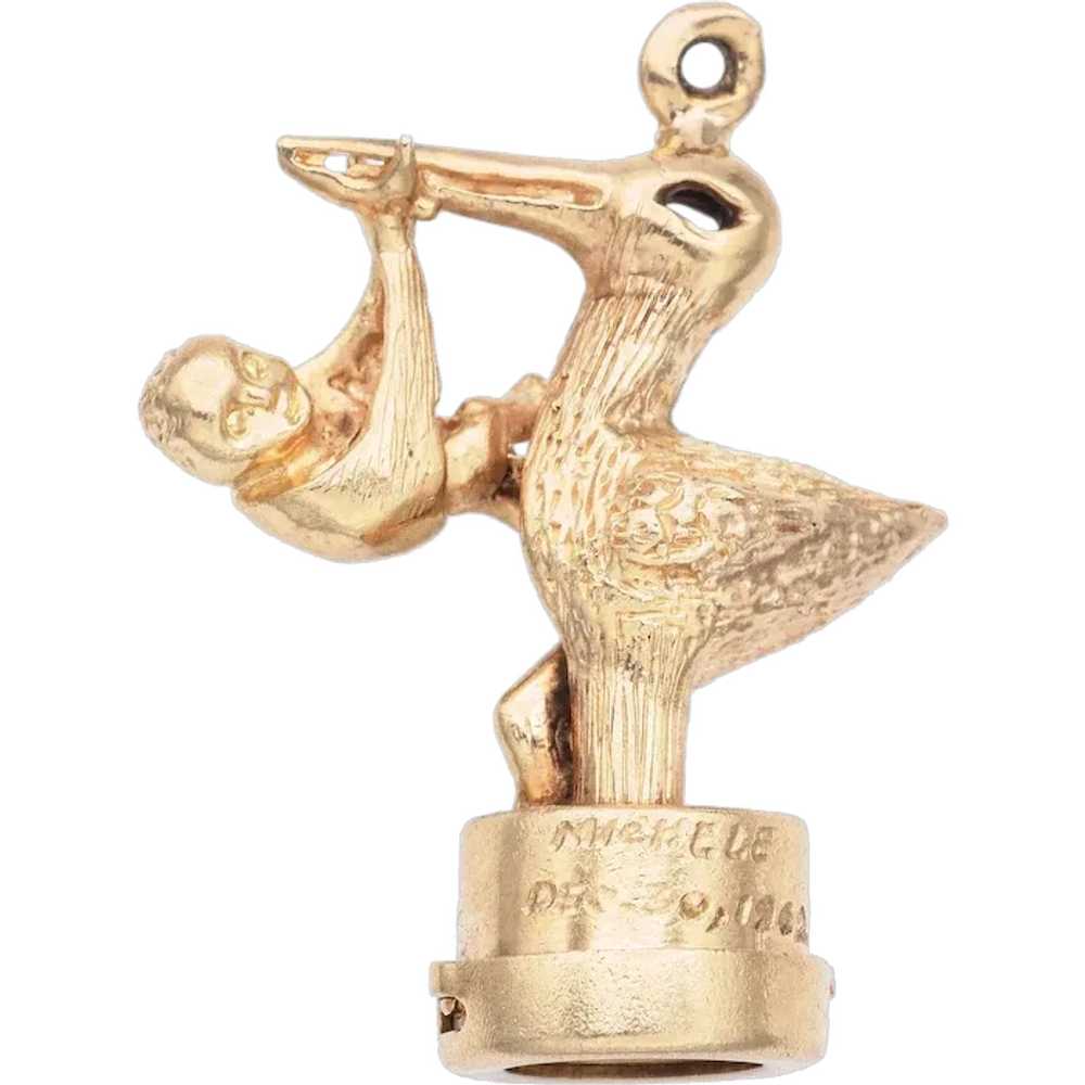 Vintage Yellow Gold Stork with Baby Charm Pendant… - image 1