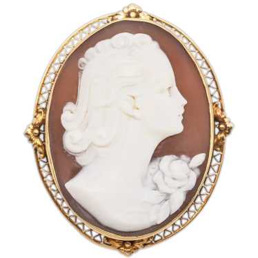 Antique 14K Yellow Gold Cameo Shell Brooch Pin