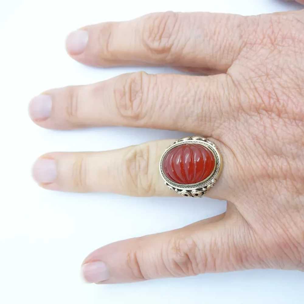 Chinese 14k Gold carved Carnelian Ring Vintage An… - image 5