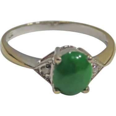 Vintage 14K White Gold Natural Jade & Diamond Ring