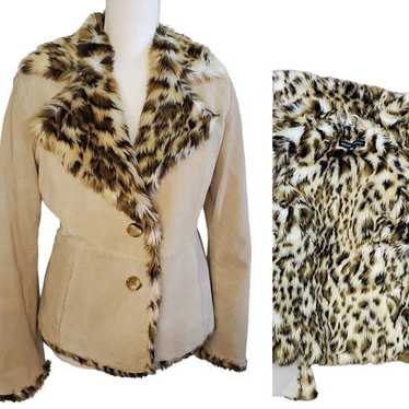 Y2K Tan Suede Leather Faux Fur Leopard Lining Col… - image 1
