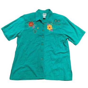 VTG Koret teal green button down blouse bright fl… - image 1