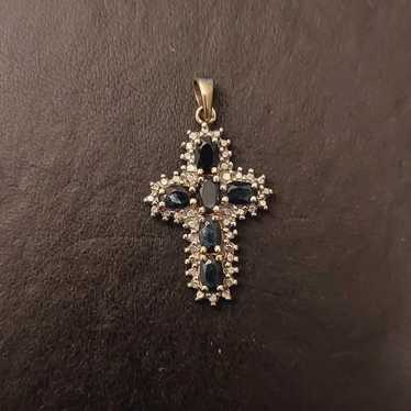 Vintage 925 Sterling SIlver Sapphire Cross Pendant