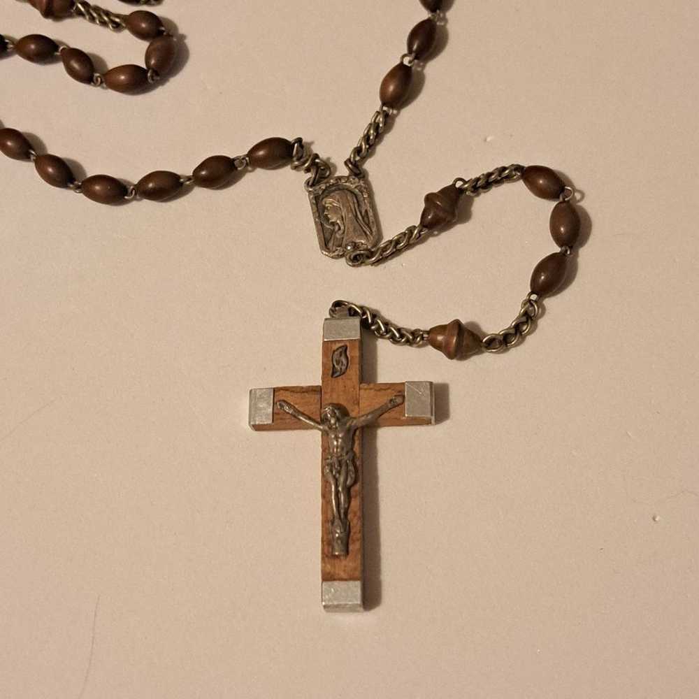 Vintage Lourdes France Olive Wood & Metal Rosary - image 1