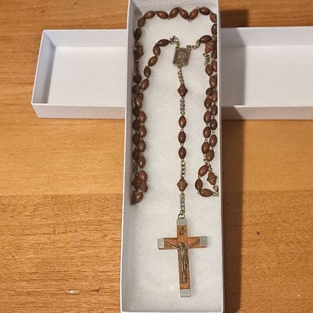 Vintage Lourdes France Olive Wood & Metal Rosary - image 2