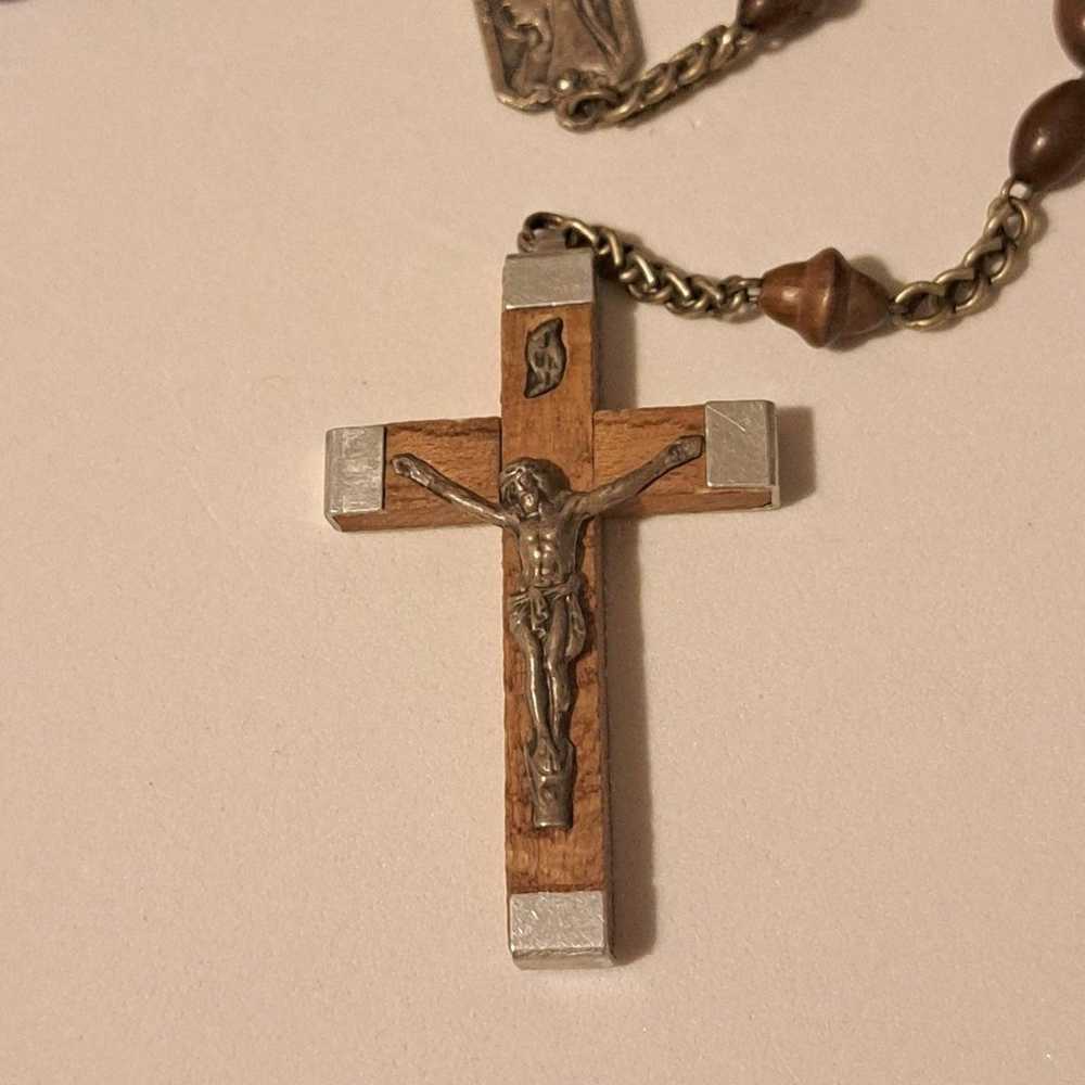 Vintage Lourdes France Olive Wood & Metal Rosary - image 3