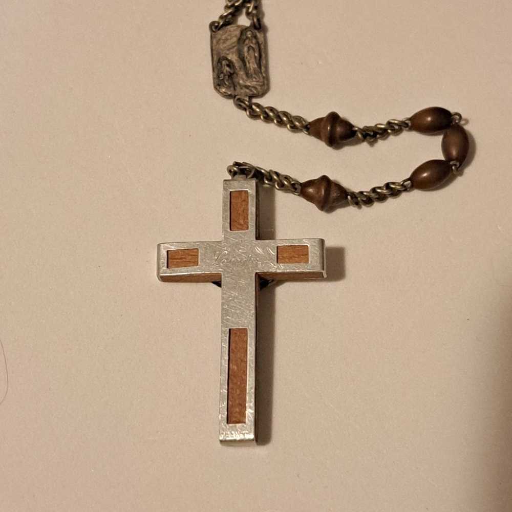 Vintage Lourdes France Olive Wood & Metal Rosary - image 5