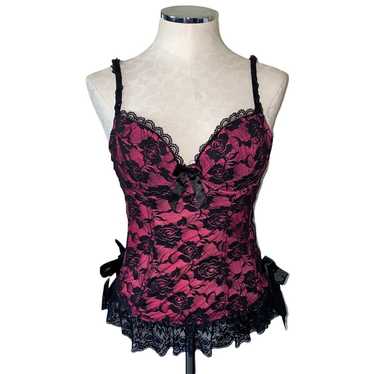 Vintage Corset Bra Pink with Black Lace Overlay B… - image 1