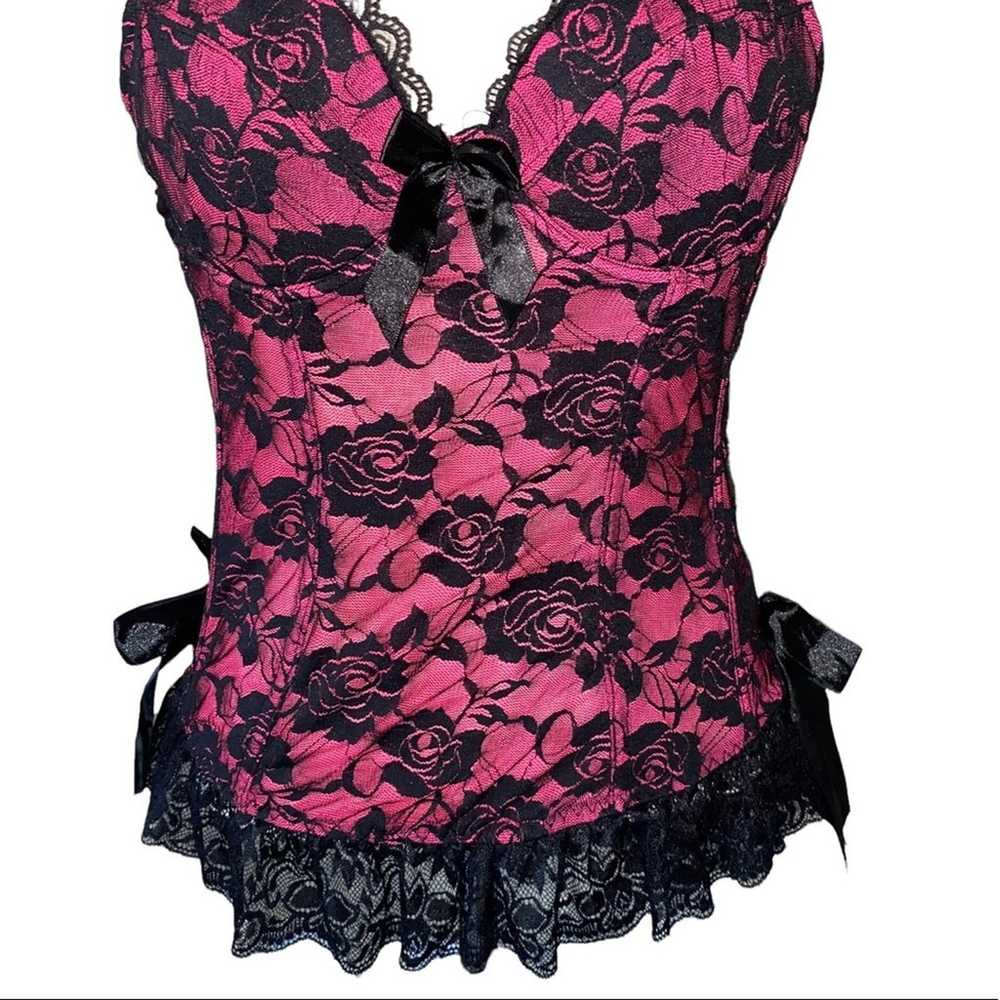 Vintage Corset Bra Pink with Black Lace Overlay B… - image 5