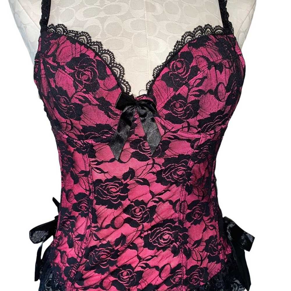 Vintage Corset Bra Pink with Black Lace Overlay B… - image 6