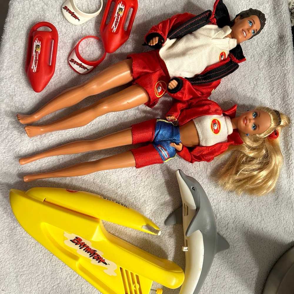 90s Baywatch Barbie & Ken w/ visors, floats, wave… - image 1