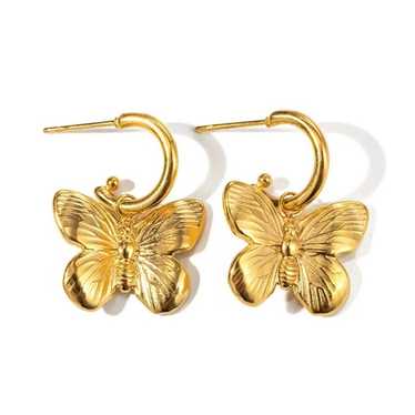 NWT 18K Gold Plated Butterfly Dangly Hoop Earrings