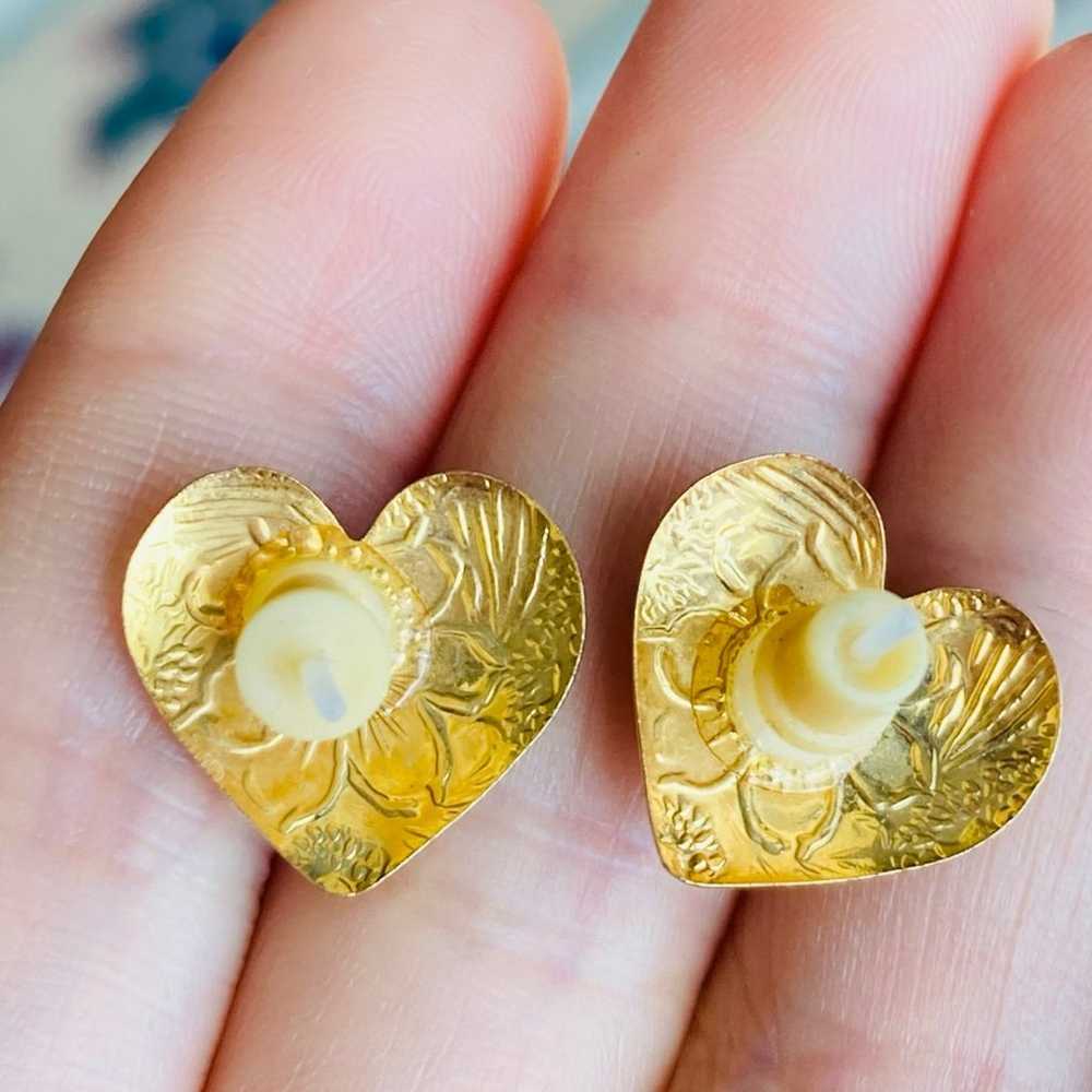 Vintage gold tone natural rose quartz heart stud … - image 3