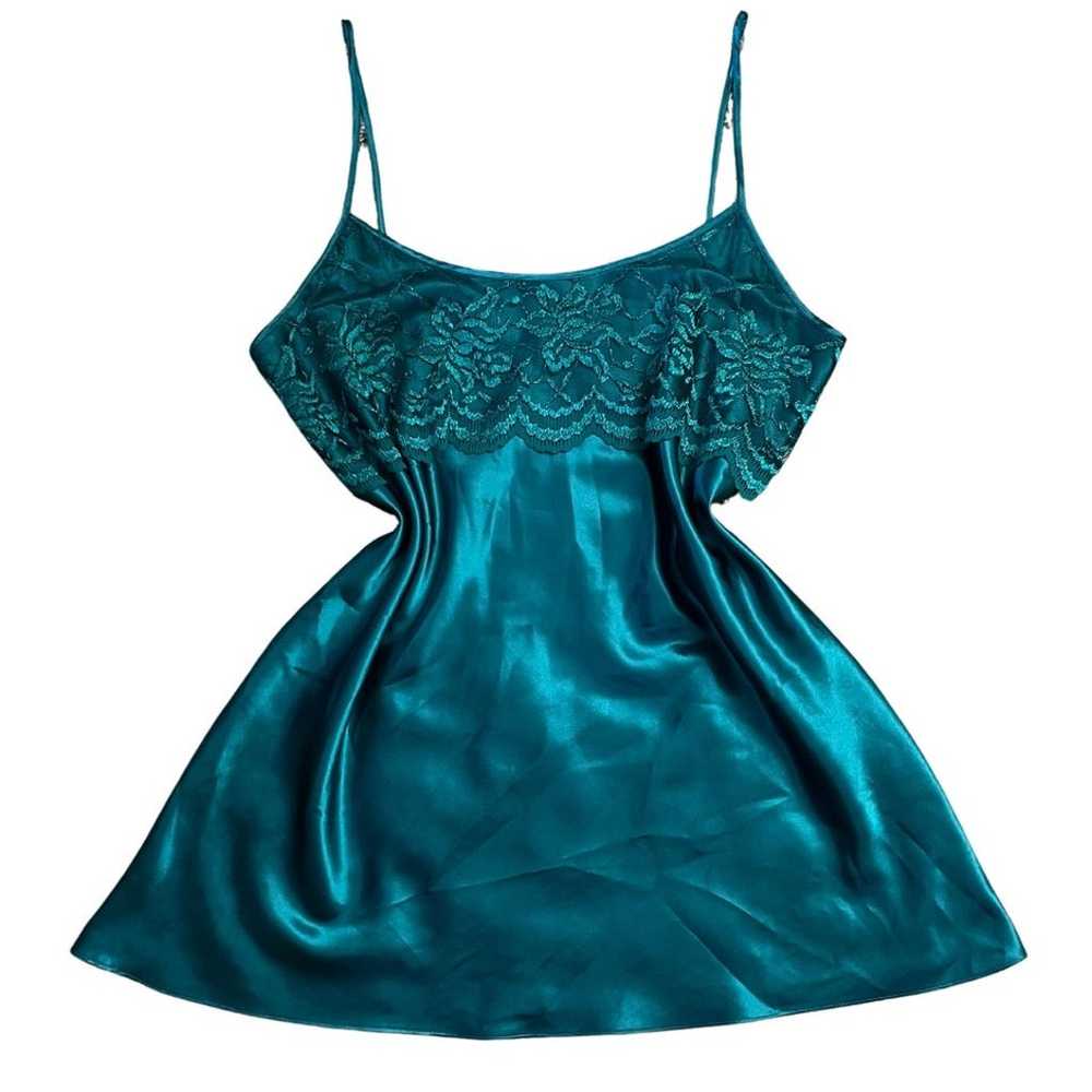 Vintage 90s Emerald Green Slip Dress Mini Lace Co… - image 1
