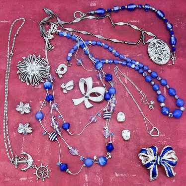 Large Lot Of Silver Tone And Blue Jewelry