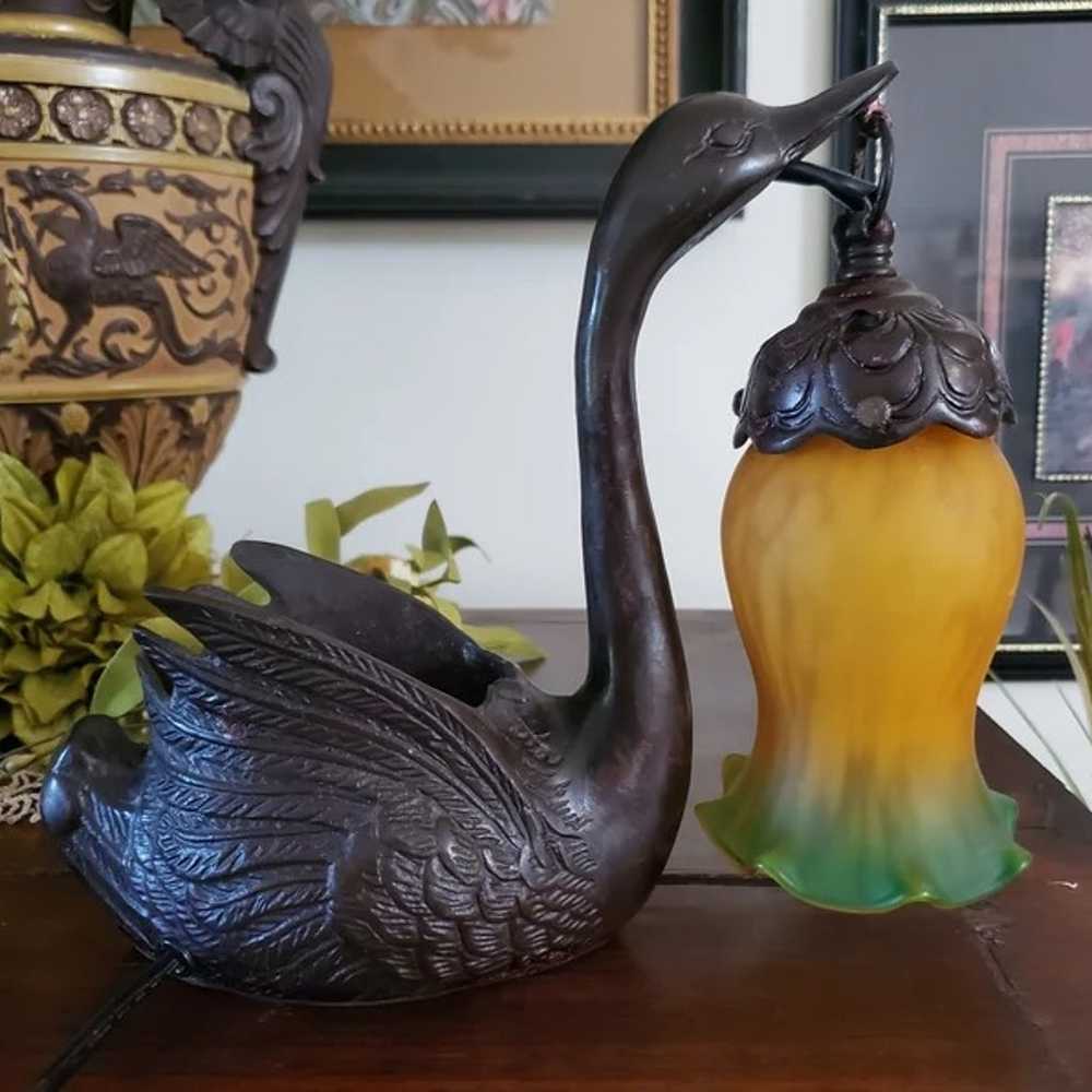Vintage Bronze looking Swan planter with Tulip gl… - image 3