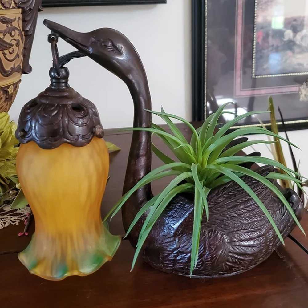 Vintage Bronze looking Swan planter with Tulip gl… - image 4