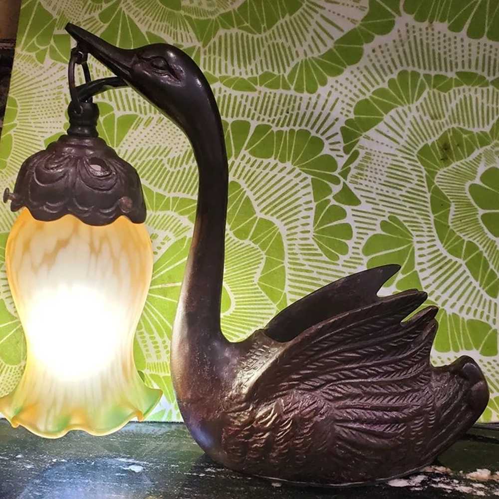 Vintage Bronze looking Swan planter with Tulip gl… - image 6