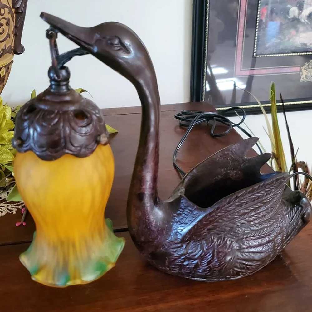 Vintage Bronze looking Swan planter with Tulip gl… - image 7