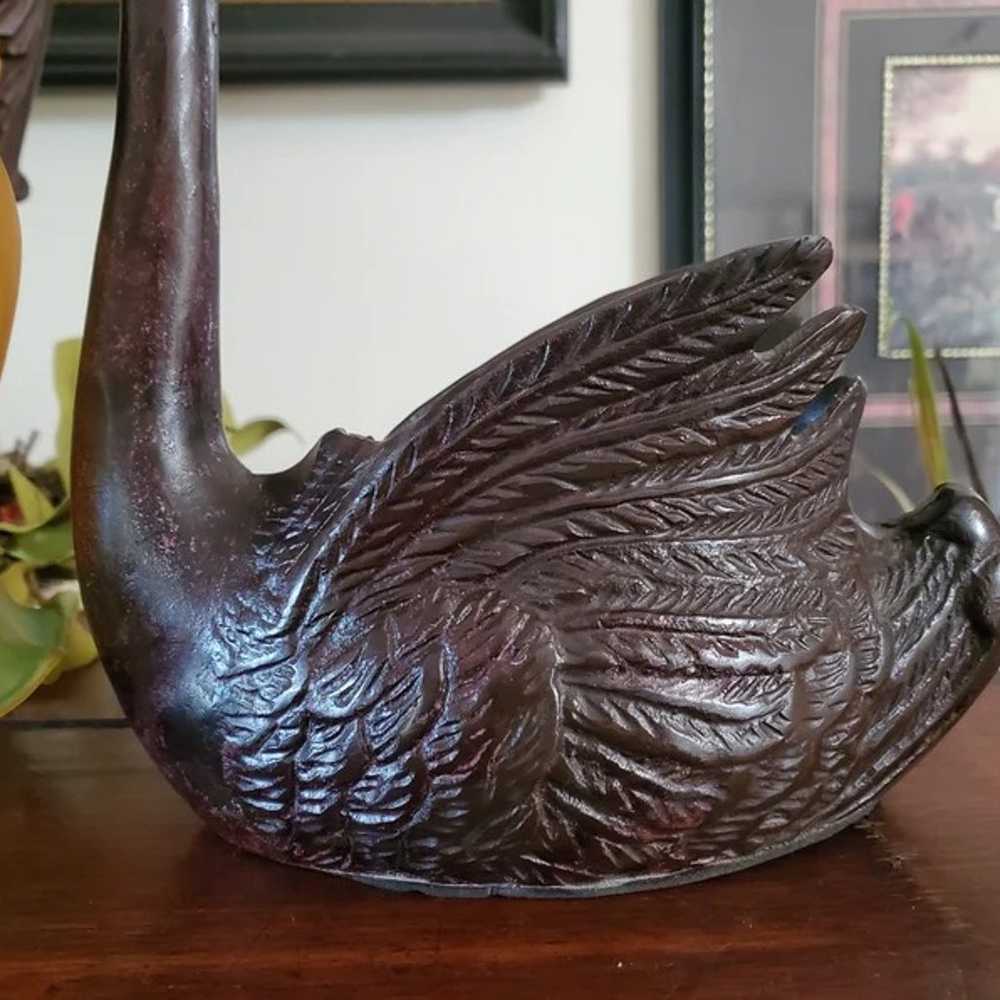 Vintage Bronze looking Swan planter with Tulip gl… - image 8