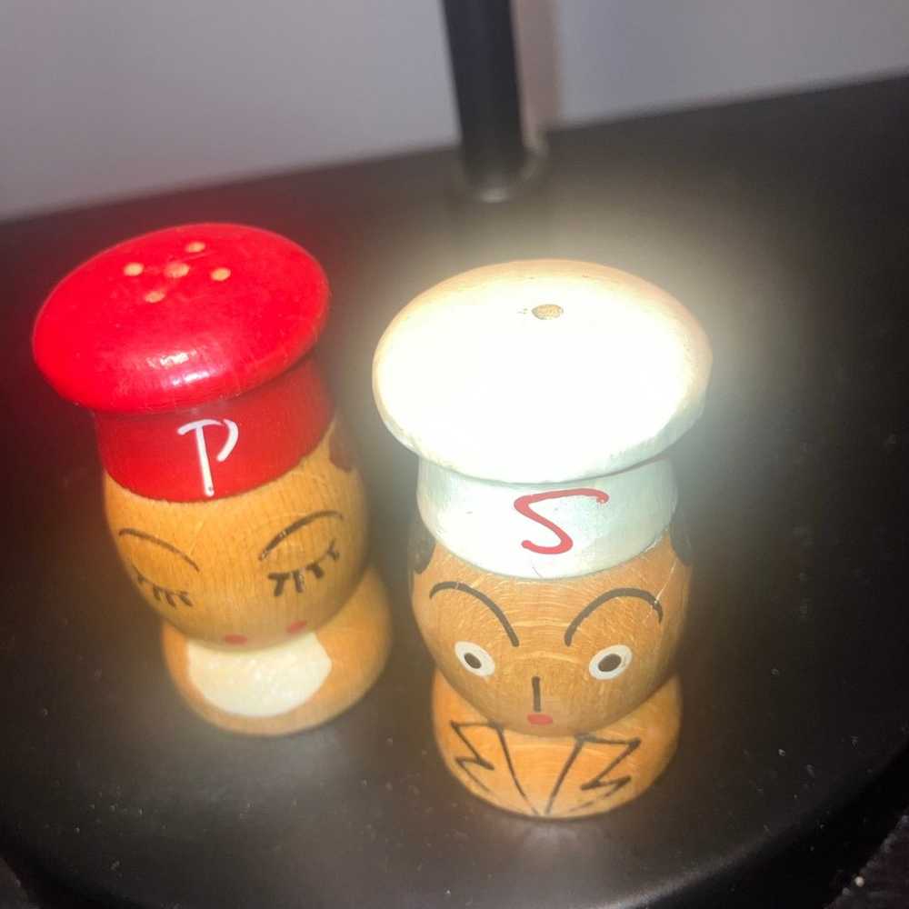 Vtg Mini Mr Salt & Mrs Pepper Shakers Wood HandPa… - image 2