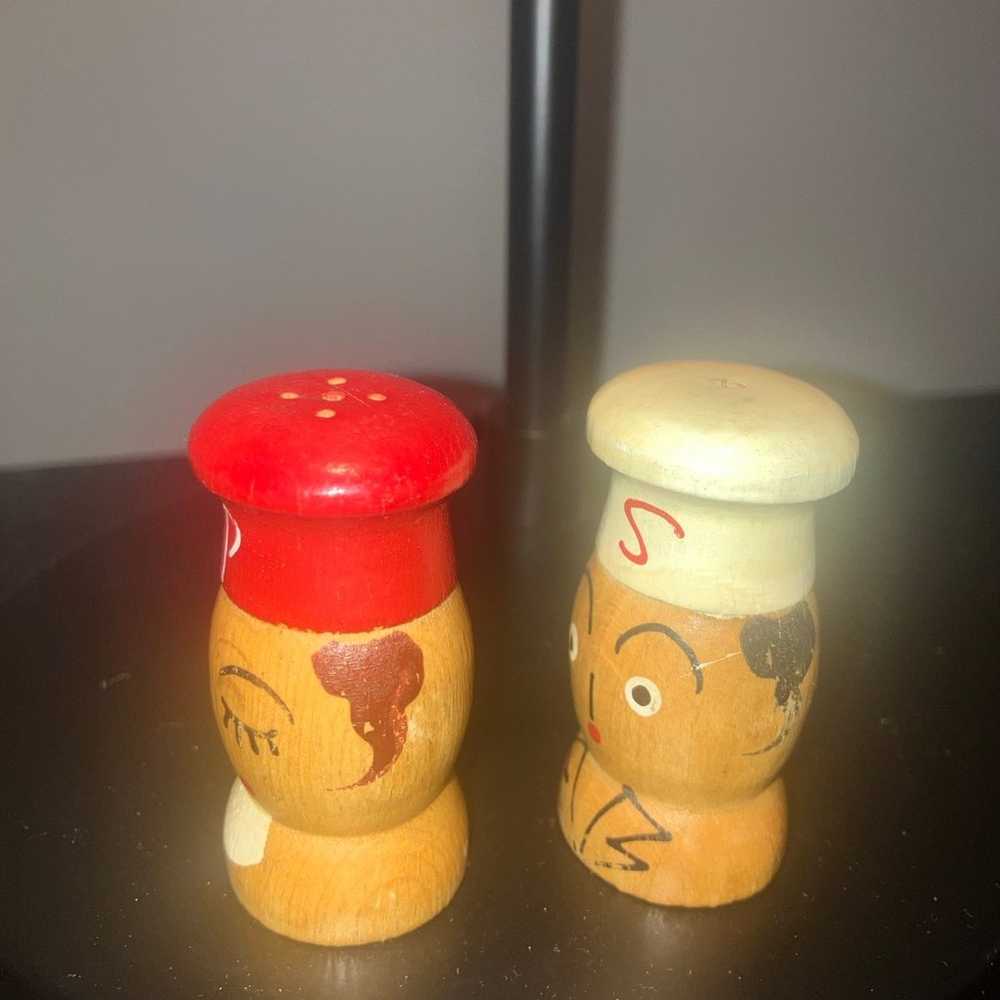 Vtg Mini Mr Salt & Mrs Pepper Shakers Wood HandPa… - image 5