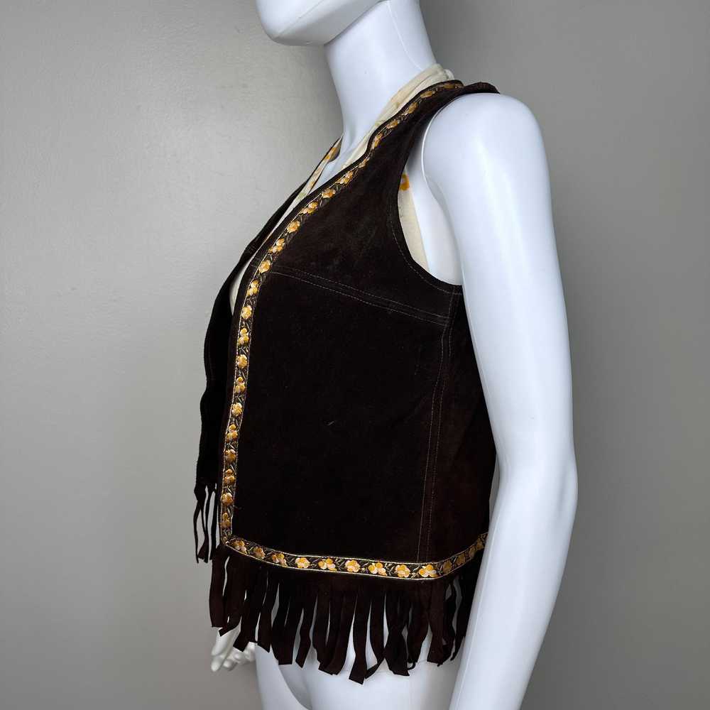 1960s Brown Leather Fringe Vest, Floral Trim, Jor… - image 1