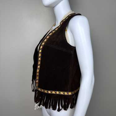 1960s Brown Leather Fringe Vest, Floral Trim, Jor… - image 1