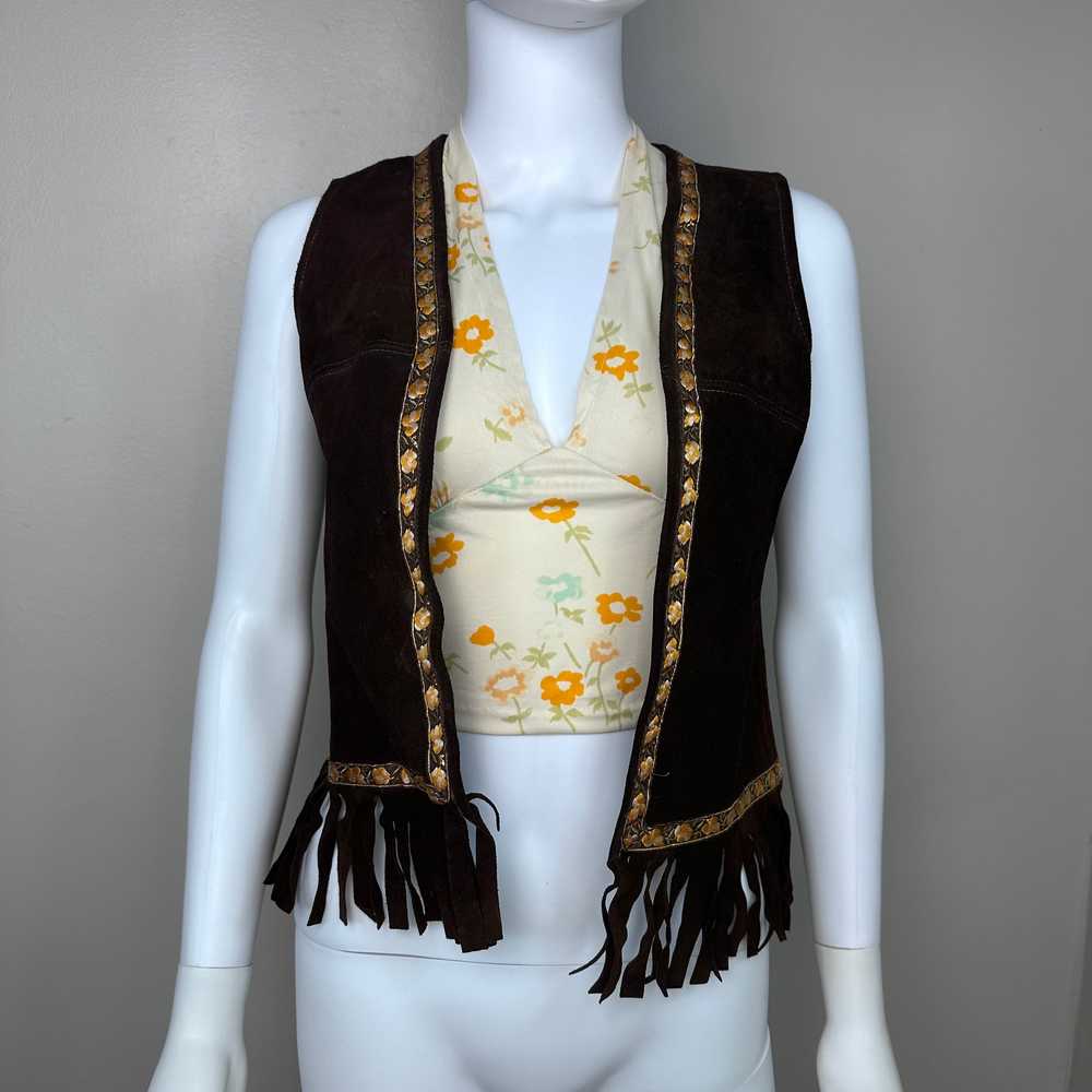 1960s Brown Leather Fringe Vest, Floral Trim, Jor… - image 2