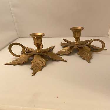 #8164 PAIR BRASS CANDLE HOLDERS HOLY LEAF MOTIF MA