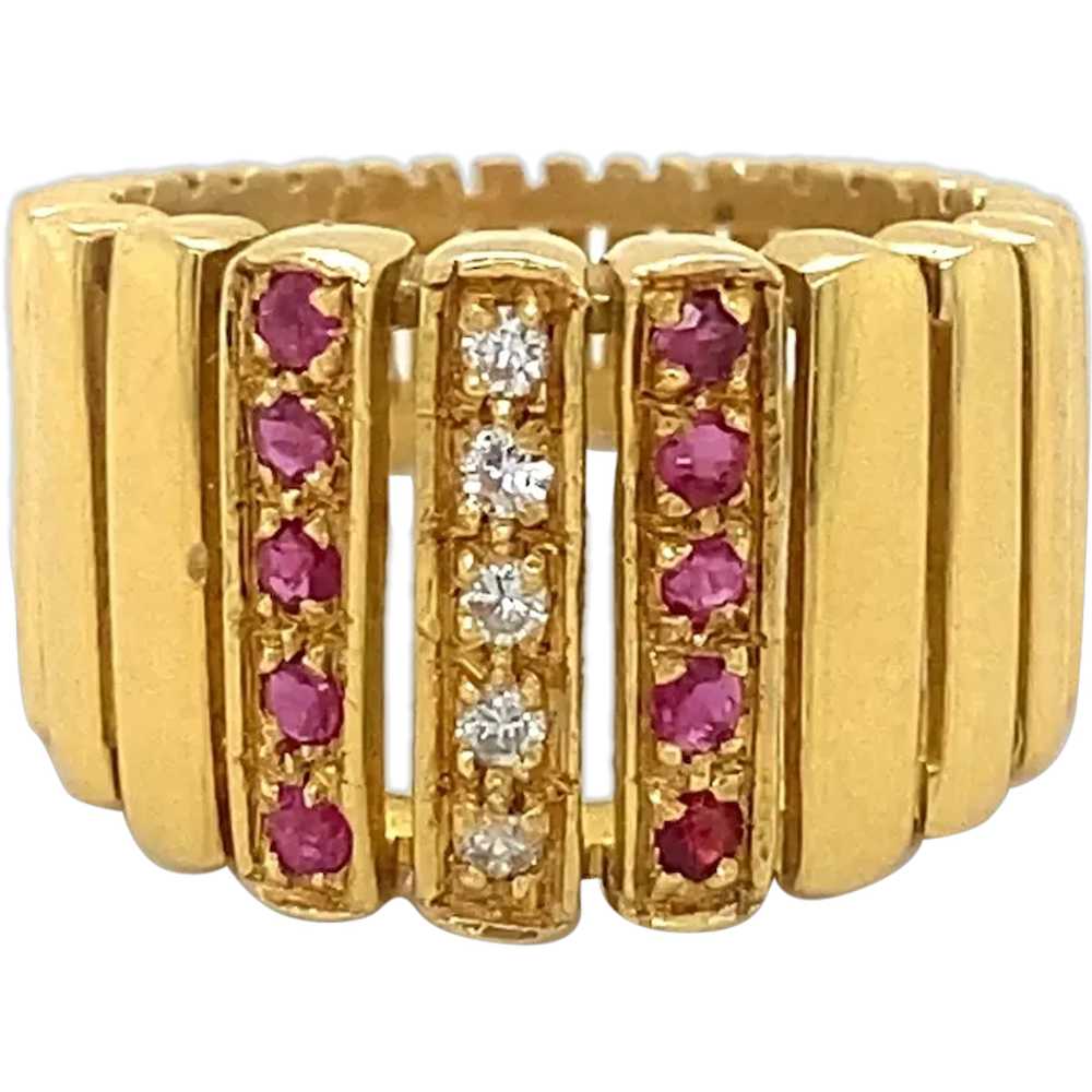 Retro Vintage 18K Diamond Ruby Cigar Band Ring - image 1