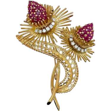 18K Yellow Gold Ruby and Diamond Brooch