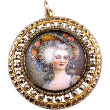 Antique Hand Colored Pendant In Gilt Silver With M