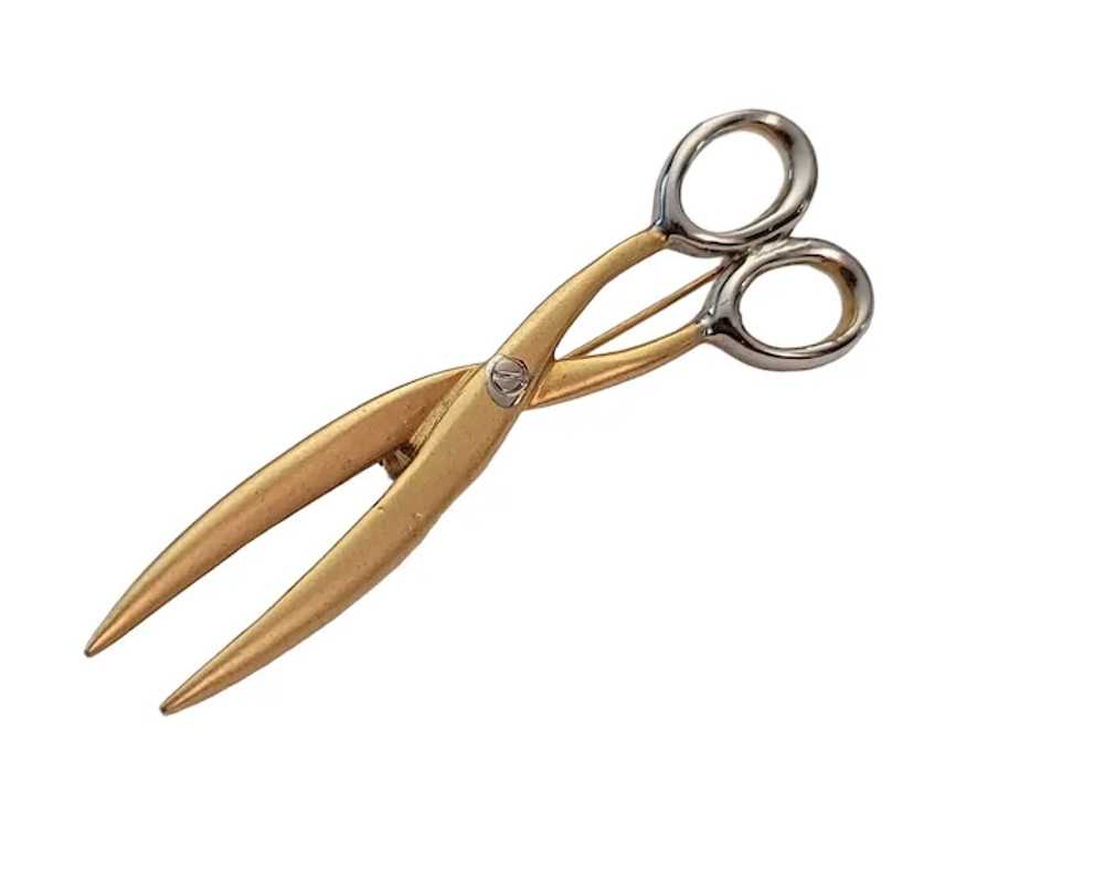 Gold Tone, Silver Tone Scissors Brooch Pin E879 - image 2