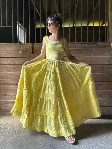 1970s Yellow Cotton Pintuck Mexican Wedding Dress