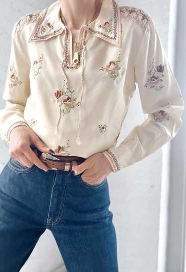 70s silk embroidered floral blouse