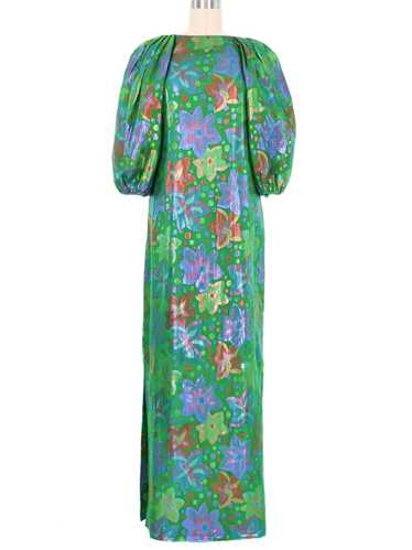 1970s Green Lame Floral Puff Sleeve Gown