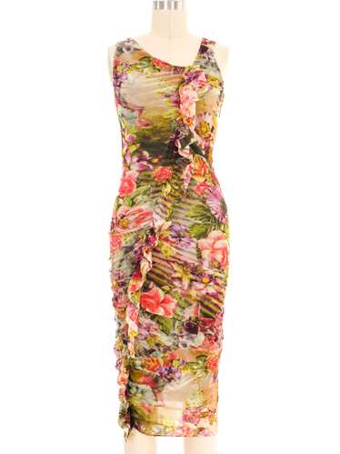 Jean Paul Gaultier Ruched Floral Mesh Dress