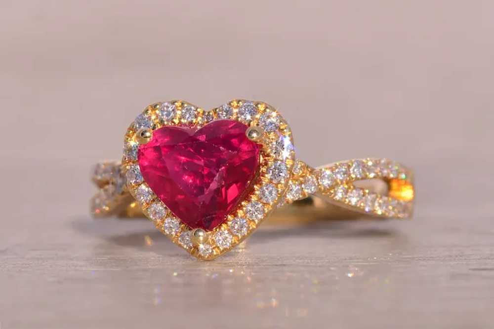 Heart Shaped Natural Ruby and Diamond Ring in Yel… - image 2