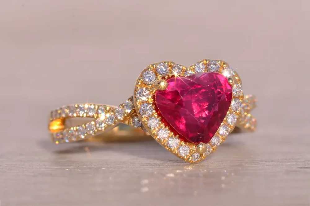 Heart Shaped Natural Ruby and Diamond Ring in Yel… - image 5