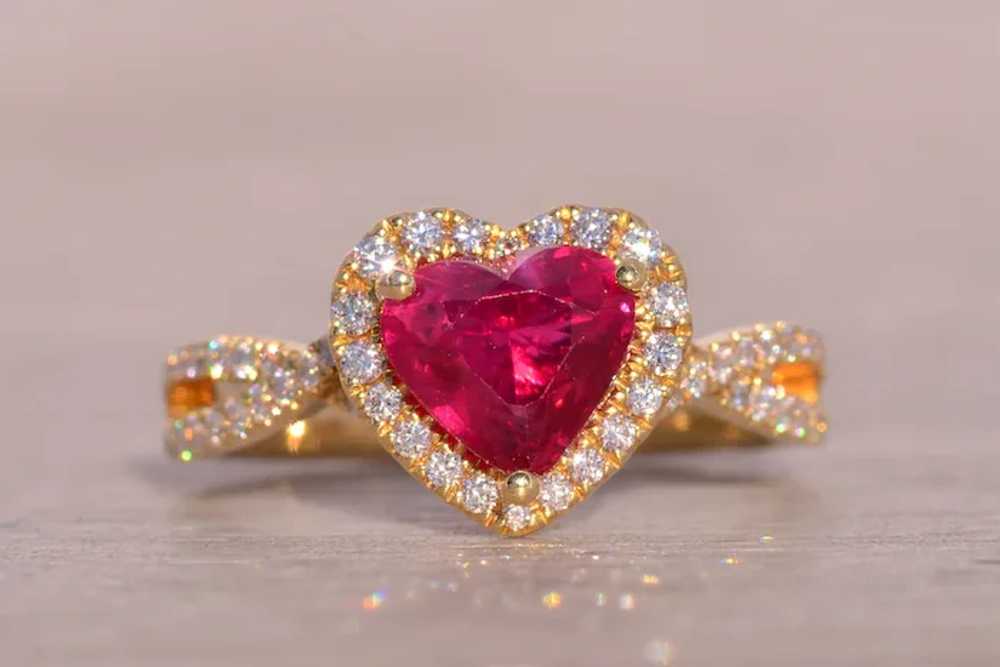 Heart Shaped Natural Ruby and Diamond Ring in Yel… - image 6