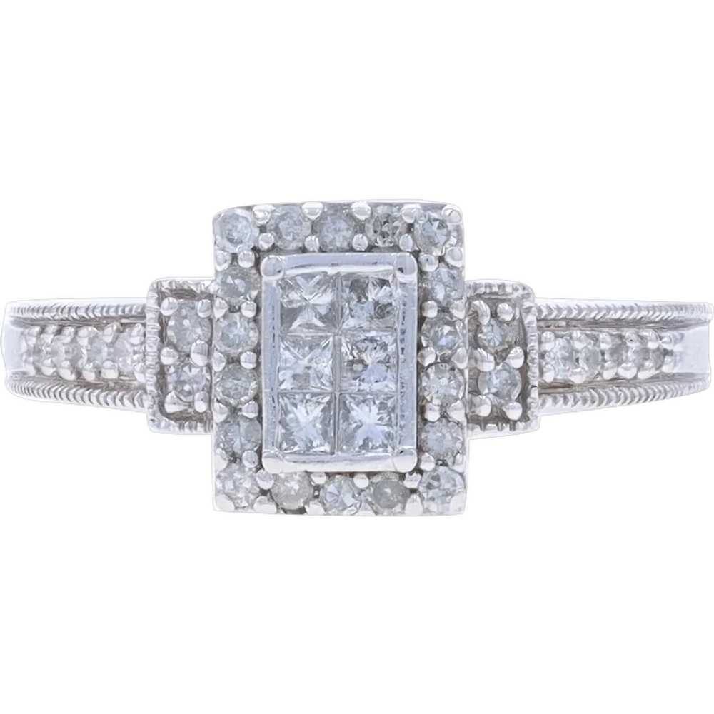 White Gold Diamond Cluster Halo Engagement Ring -… - image 1