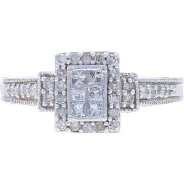 White Gold Diamond Cluster Halo Engagement Ring - 