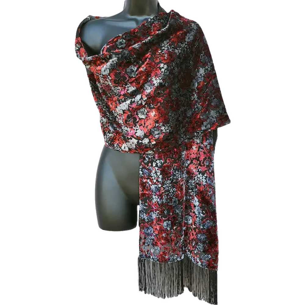 Beautiful Burnt Out Velvet Shawl or Scarf with Fr… - image 1