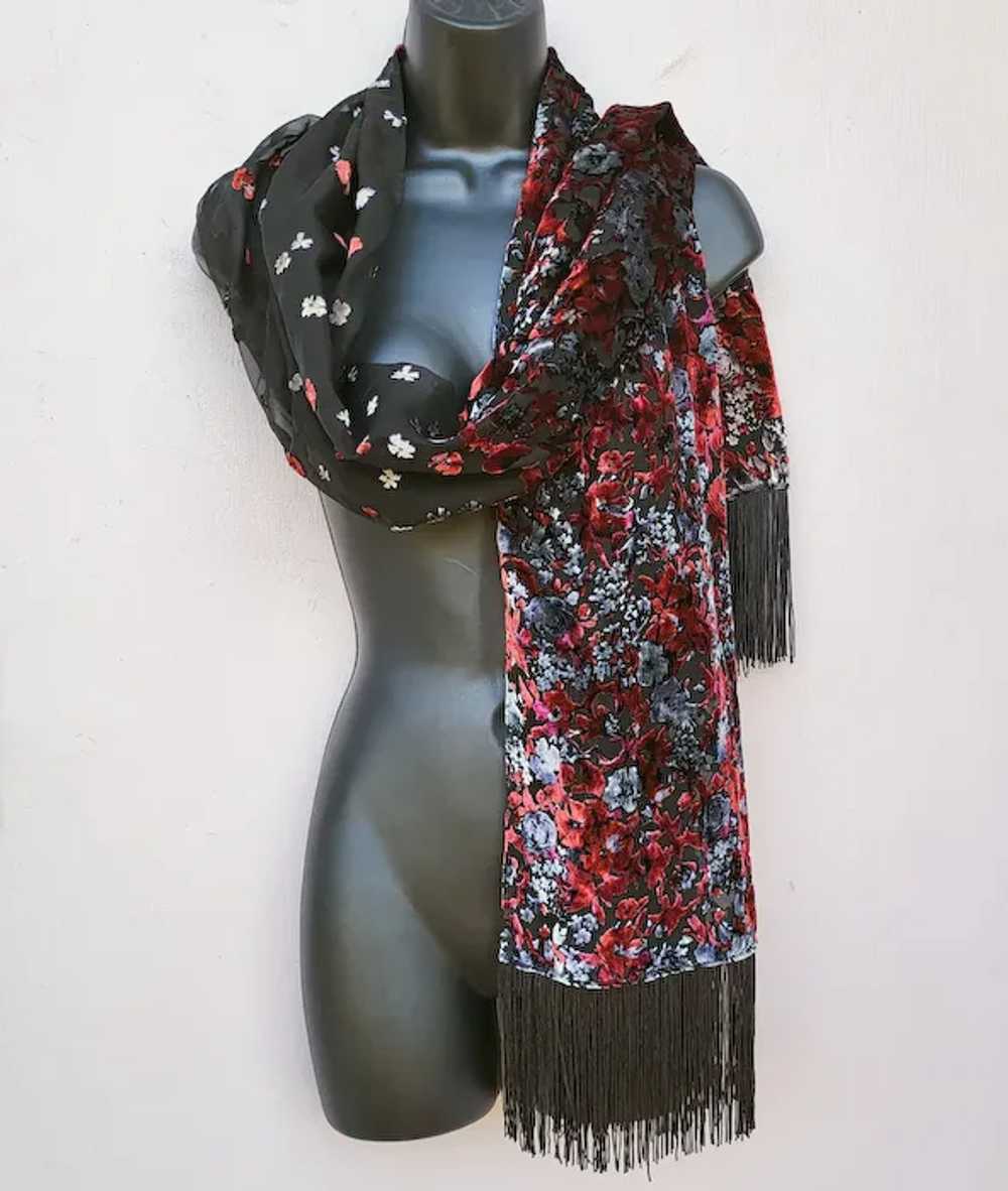 Beautiful Burnt Out Velvet Shawl or Scarf with Fr… - image 4